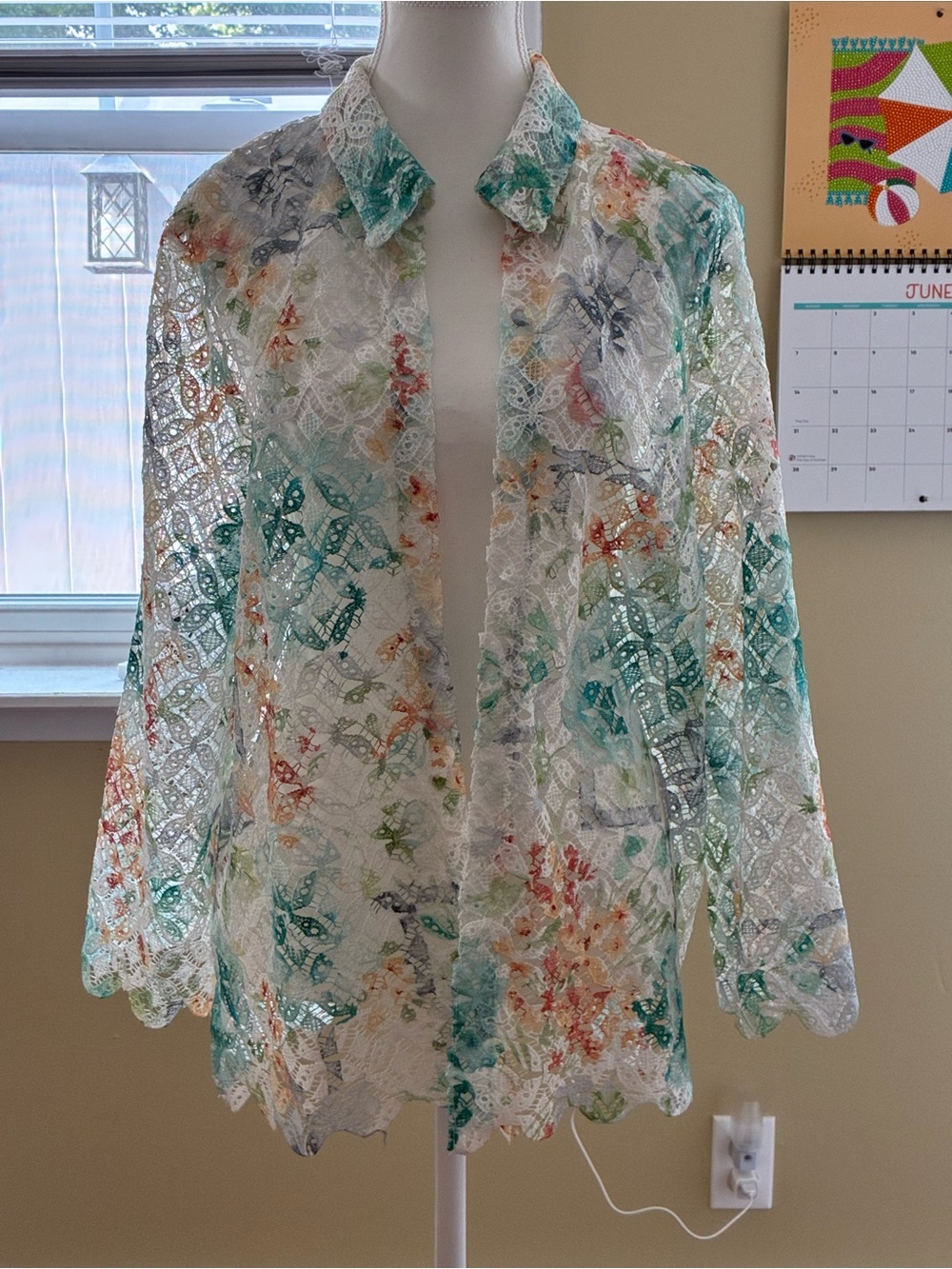 Alfred Dunner White Lace Open-Front Blazer with Teal & Coral Accents